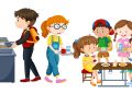 Children eating at cafeteria illustration