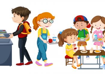 Children eating at cafeteria illustration