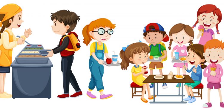 Children eating at cafeteria illustration